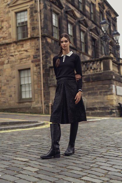 Embossed Inverted Pleat Skirt-Black-0