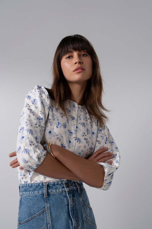 Puff Sleeve Button Down Blouse-Poppy Blue-0