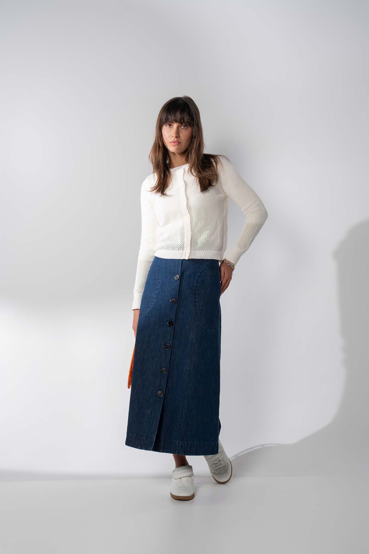 Crochet Knit Button Down Cardigan-White-0