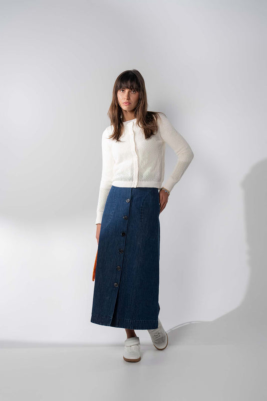 Crochet Knit Button Down Cardigan-White-0