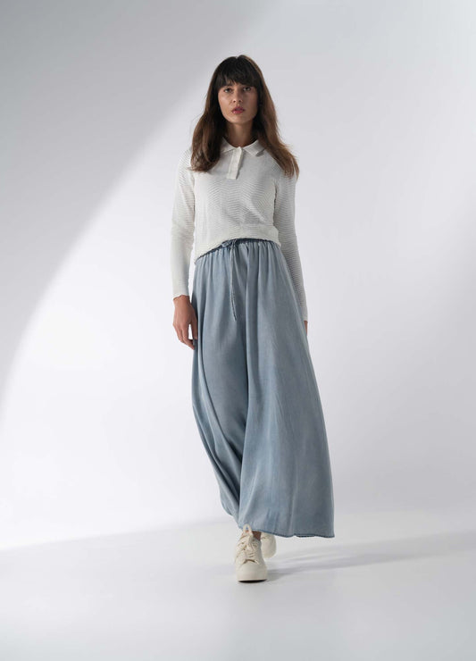 Drawstring Circle Skirt-Light Blue Denim-0