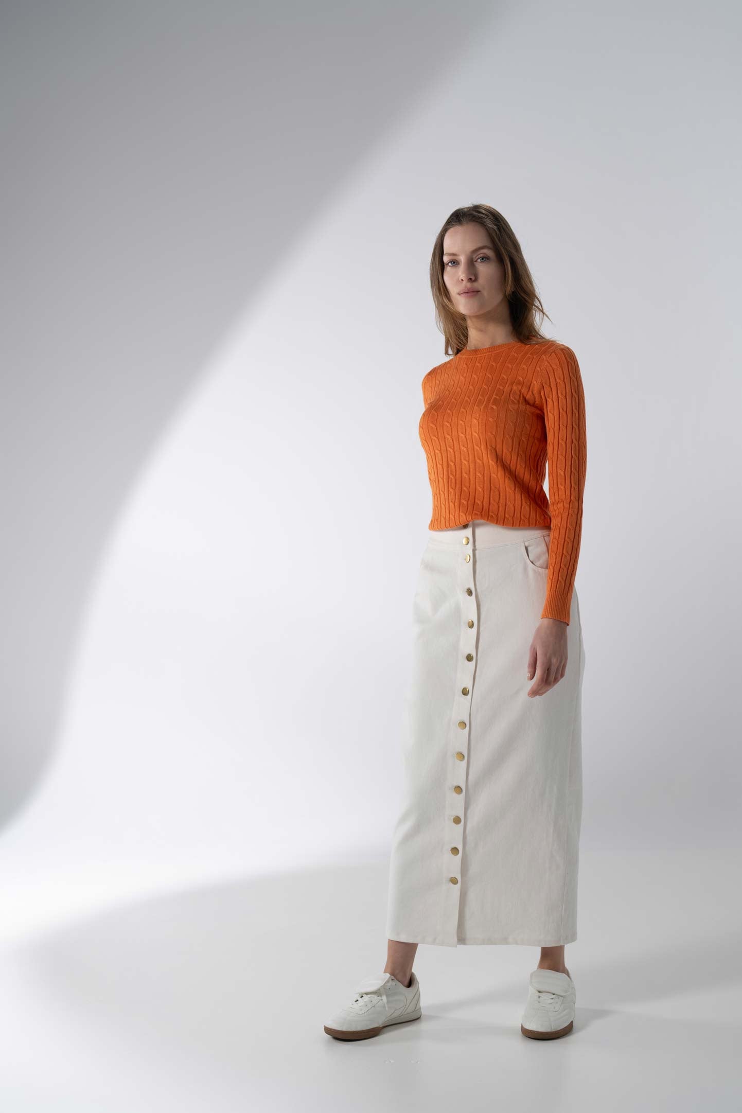 Button Down Denim Skirt-White-3