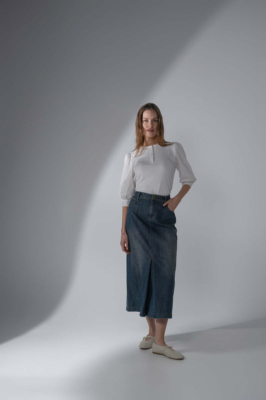 Front Kick Pleat Denim Skirt-Blue-0