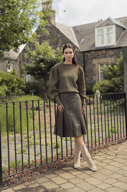 Faux Leather Stitch Down Pleated Skirt-Olive Green-0