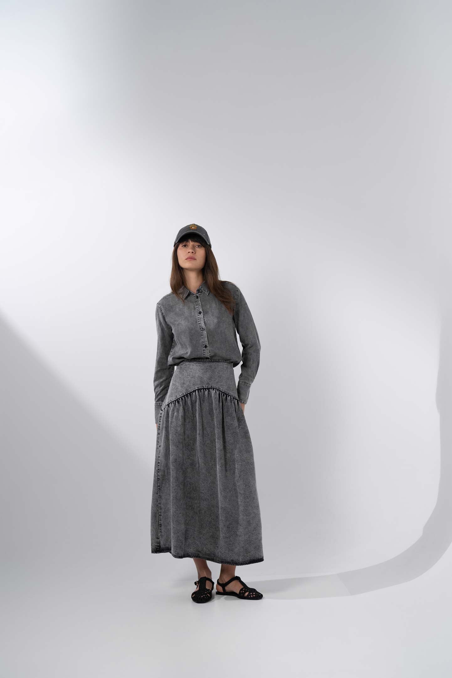 Curved Yoke Washed Denim Skirt 37"-Washed Black-2