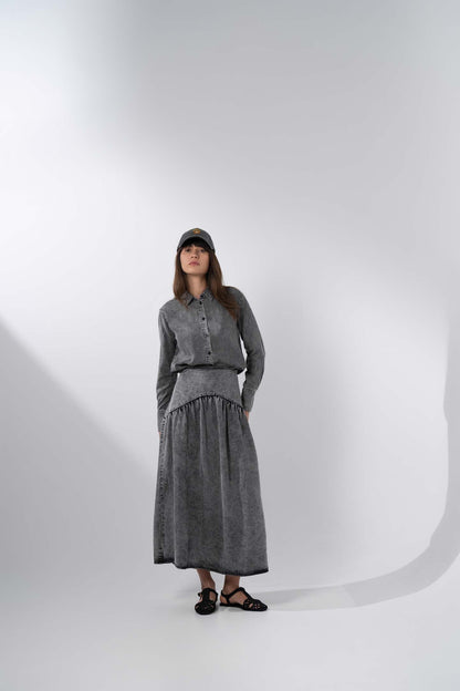 Curved Yoke Washed Denim Skirt 37"-Washed Black-2