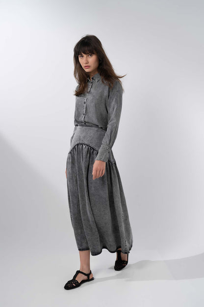 Curved Yoke Washed Denim Skirt 37"-Washed Black-1