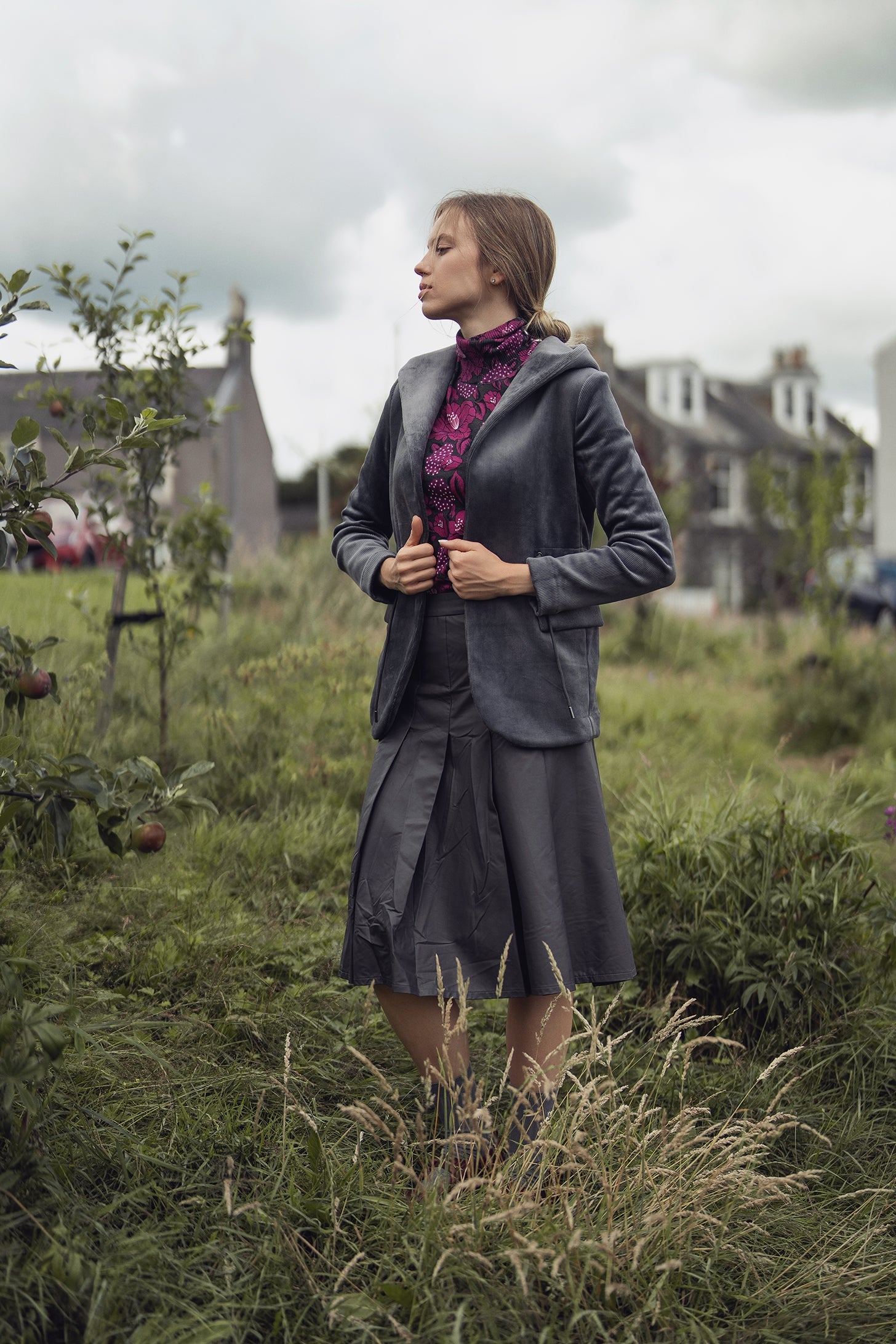 Faux Leather Stitch Down Pleated Skirt-Grey-0