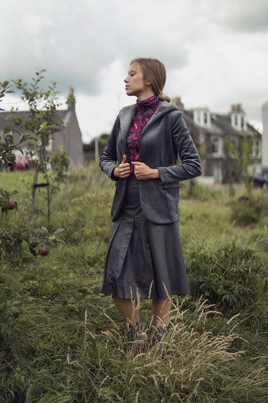 Faux Leather Stitch Down Pleated Skirt-Grey-0