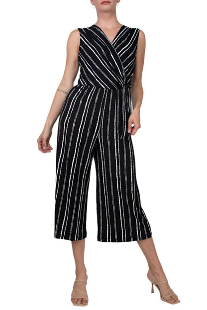 Connected Apparel Surplice Neck Sleeveless Faux Tie Side Jersey Jumpsuit-0