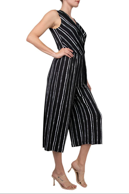 Connected Apparel Surplice Neck Sleeveless Faux Tie Side Jersey Jumpsuit-1