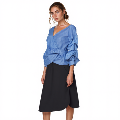 Gathered Sleeve Wrap Blouse In Blue-1