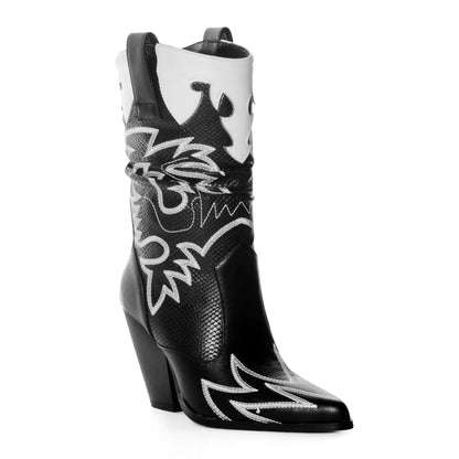 ANN CREEK Womens Cowboy Boots Mid Calf Embroidered Western Boots Cowgirl Boots for Women Knee High Cowboy Boots Chunky Heel Pointed Toe Wide Calf Black Size 10