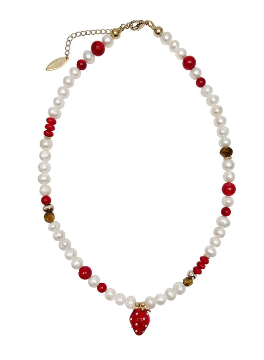 Freshwater Pearls With Red Bamboo Coral And Strawberry Pendant Necklace PN042-0