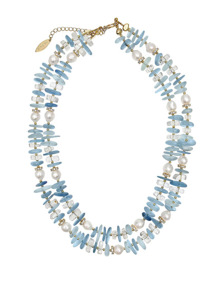 Aquamarine With Freshwater Pearls Double Layers Necklace PN025-1