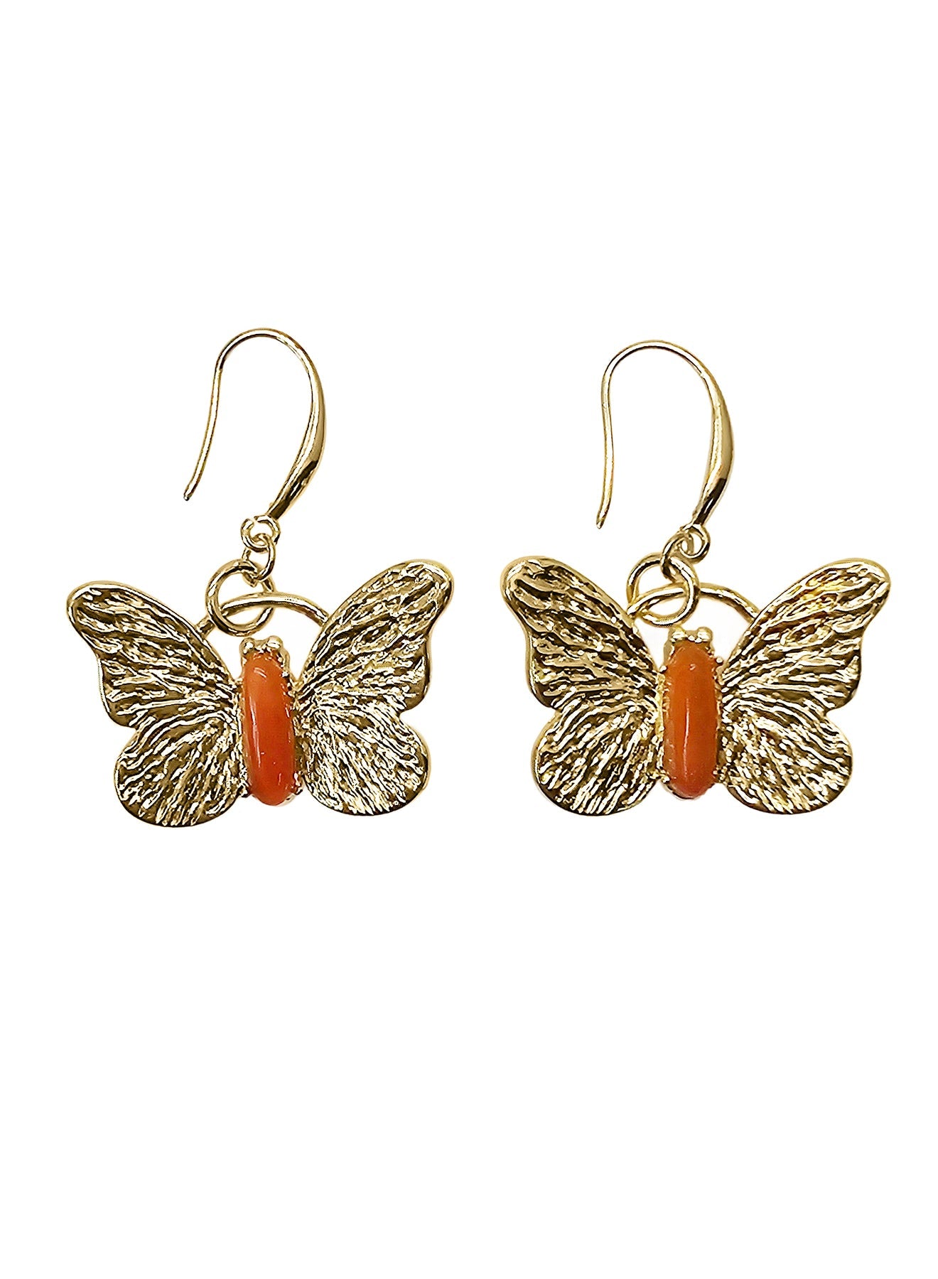 Gold Butterfly with Red Agate Stone Dangle Earrings PE032-0