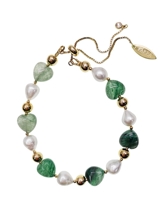 Heart Shaped Green Aventurine With Freshwater Pearls Adjustable Bracelet PB027-0