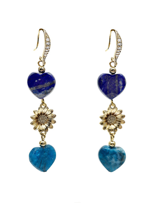 Heart-Shaped Lapis and Apatite Flower Dangle Earrings PE025-0