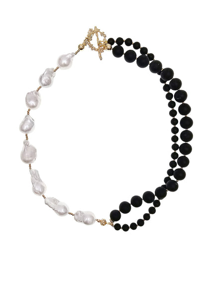 Black Obsidian And White Baroque Pearls Necklace PN003-1