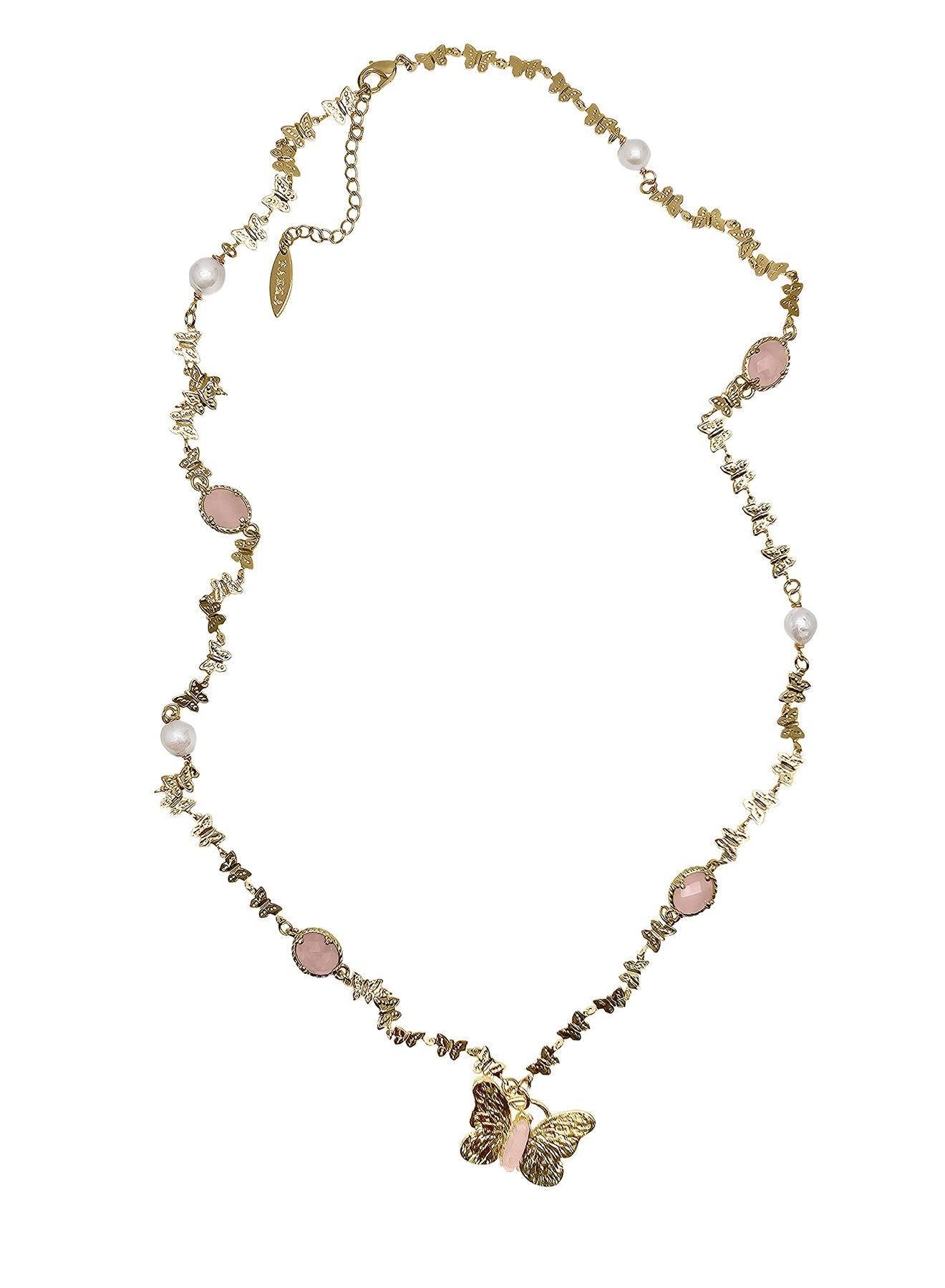 Butterfly Pendant With Rose Quartz Stones Long Necklace PN037-0