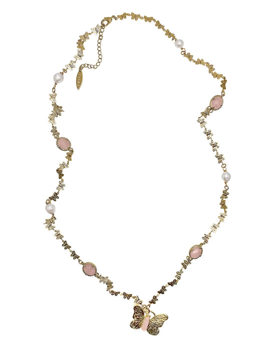 Butterfly Pendant With Rose Quartz Stones Long Necklace PN037-0