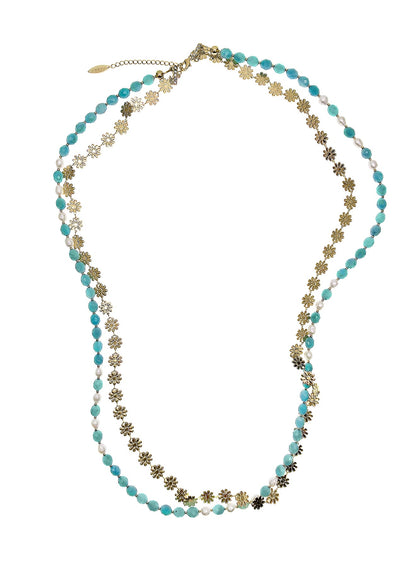 Amazonite With Flower Chain Double Layers Necklace PN016-0