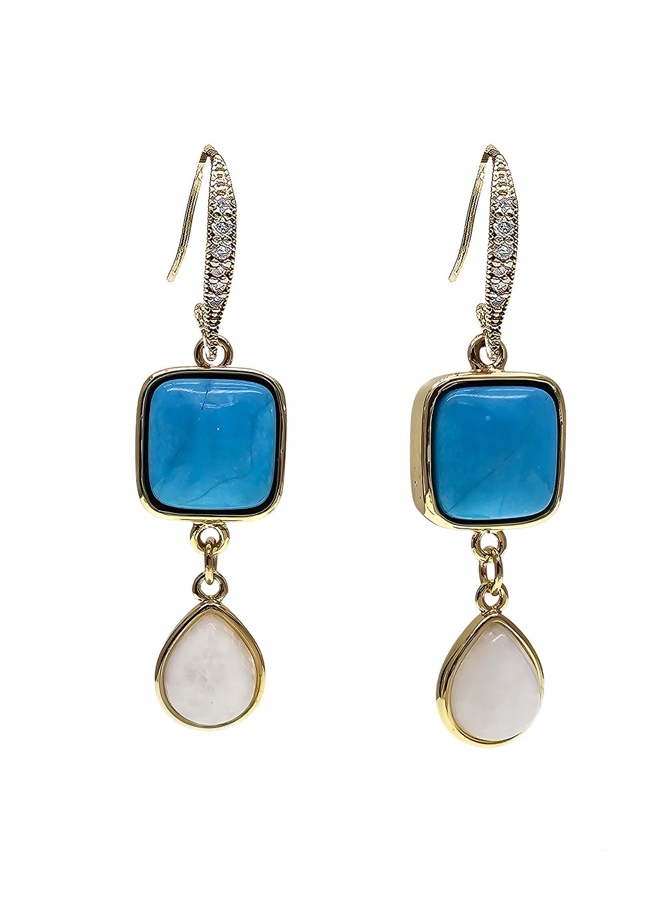 Blue Turquoise With Teardrop Moonstone Dangle Comfortable Earrings PE015-0