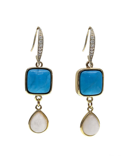 Blue Turquoise With Teardrop Moonstone Dangle Comfortable Earrings PE015-0