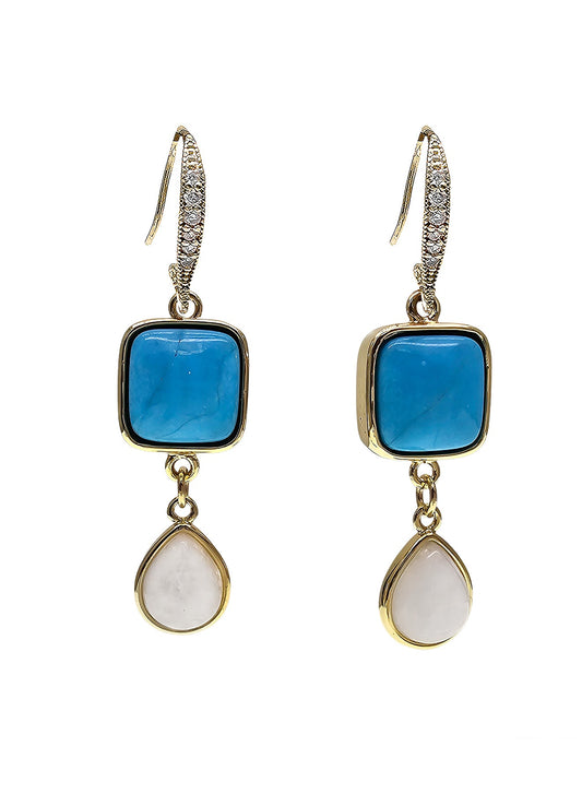 Blue Turquoise With Teardrop Moonstone Dangle Comfortable Earrings PE015-0