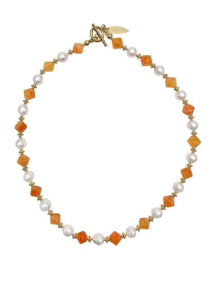 Freshwater Pearls With Orange Jade Short Necklace PN047-0