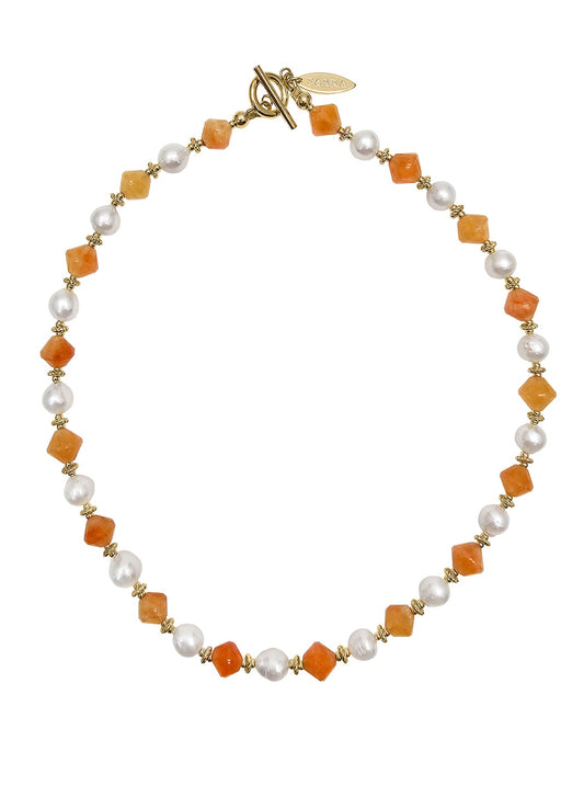 Freshwater Pearls With Orange Jade Short Necklace PN047-0