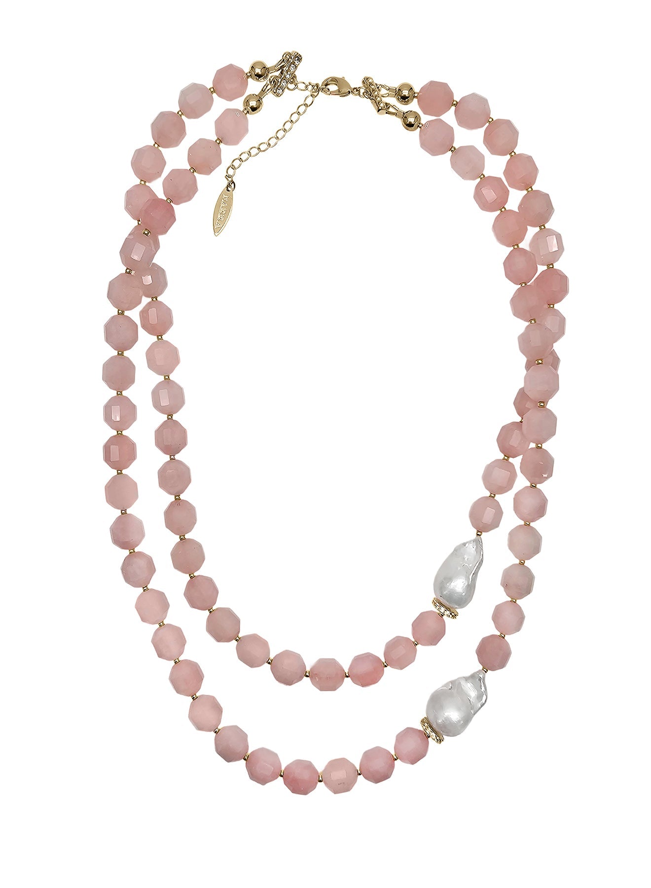 Faceted Rose Quartz With Baroque Pearls Double Layers Necklace PN039-0