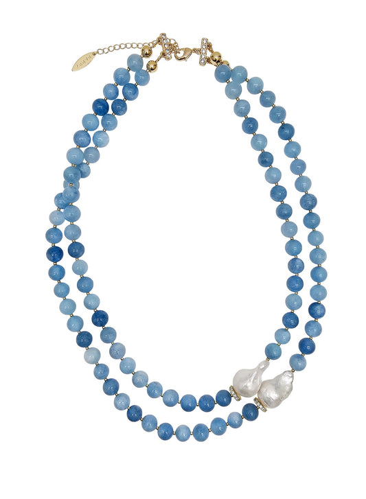 Double Layers Round Aquamarine With Baroque Pearls Necklace PN026-0