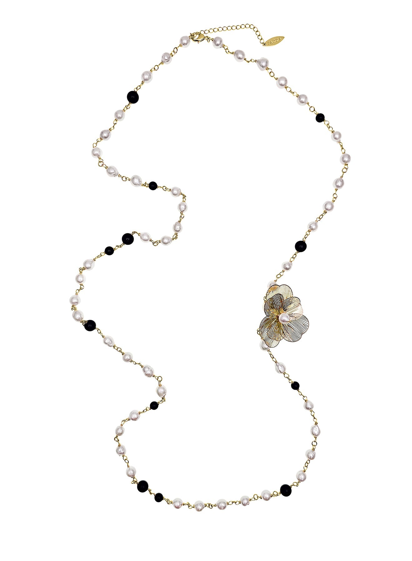 Freshwater Pearls And Black Obsidian With Flower Charm Long Necklace PN004-1