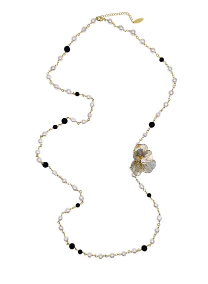 Freshwater Pearls And Black Obsidian With Flower Charm Long Necklace PN004-1