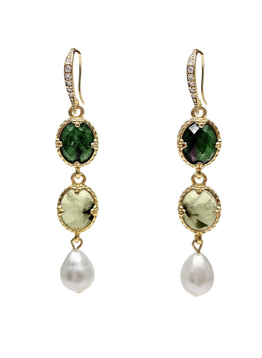 Green Gemstone With White Pearls Dangle Earrings PE043-0