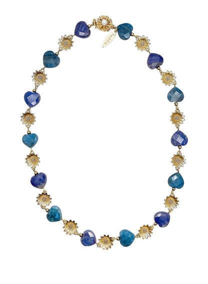 Heart Blue Gemstone With Flower Charms Statement Necklace PN034-0