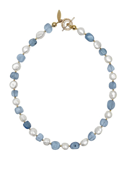 Irregular Freshwater Pearls With Aquamarine Short Necklace(PN024)-0