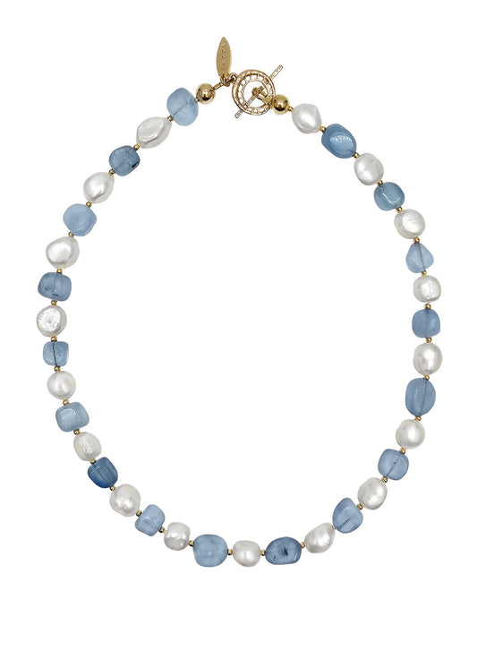 Irregular Freshwater Pearls With Aquamarine Short Necklace(PN024)-0
