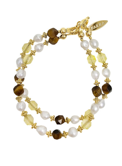 Citrine And Brown Tiger-eye With Freshwater Pearls Double Layers Bracelet PB023-0