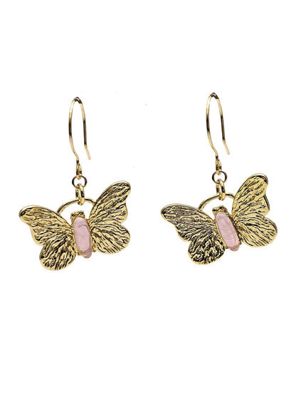 Gold Butterfly with Rose Quartz Stone Earrings PE027-0