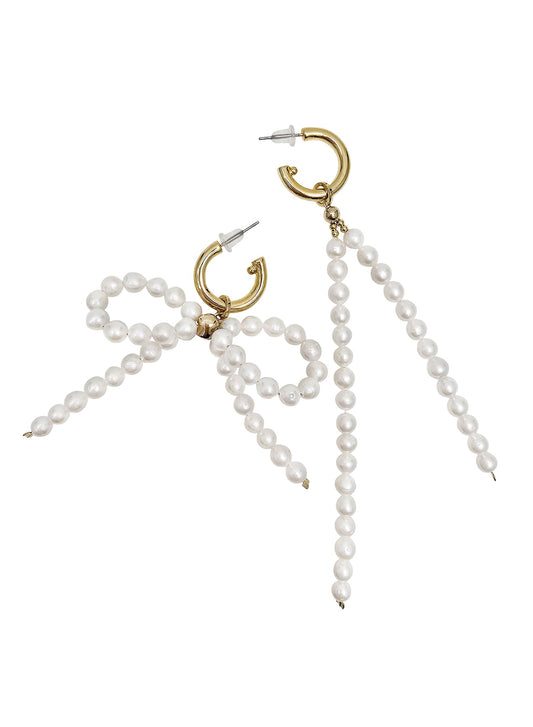 Freshwater Pearls Butterfly Knot And Tassel Asymmetric Earrings PE006-0