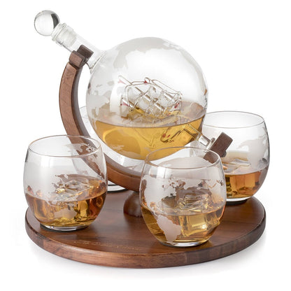 Etched World Decanter whiskey Globe - The Wine Savant Whiskey Gift Set Globe Decanter 750 ml with Antique Ship, Whiskey Stones and 4 World Map 10oz Glasses, Great Gift - Alcohol Related Gift, HOME BAR-4