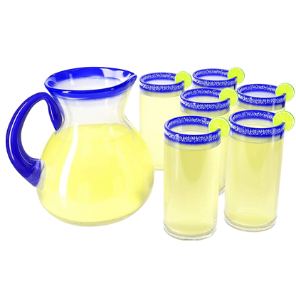 Hand Blown Blue Mexican Drinking Glasses and Pitcher – Set of 6 with Mexican Blue Rim Design (14 oz each) and Pitcher (84 Ounces) Mexico Cobalt Blue Carafe Designs Margarita and Lemonade-0