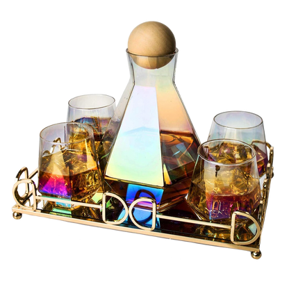 Diamond Iridescent Glass Diamond Decanter and Glasses Set, The Wine Savant Rainbow Iridescent Comes With A Diamond Decanter 4 Whiskey/Wine Diamond Glasses, 1 Tray and a Perfect Box-0