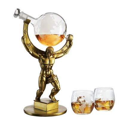 Atlas Bronze World Globe Whiskey Decanter Set - 15" Tall - With 2 World Glasses - For Whiskey, Scotch, Bourbon, Cognac and Brandy - 1000ml - By The Wine Savant - Atlas Decanter Whiskey-0
