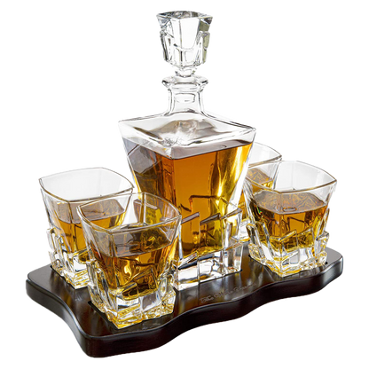 Crystal Wine and Whiskey Iceberg Mountain Glacier Decanter with 4 Glasses and Wood Tray - The Wine Savant-1