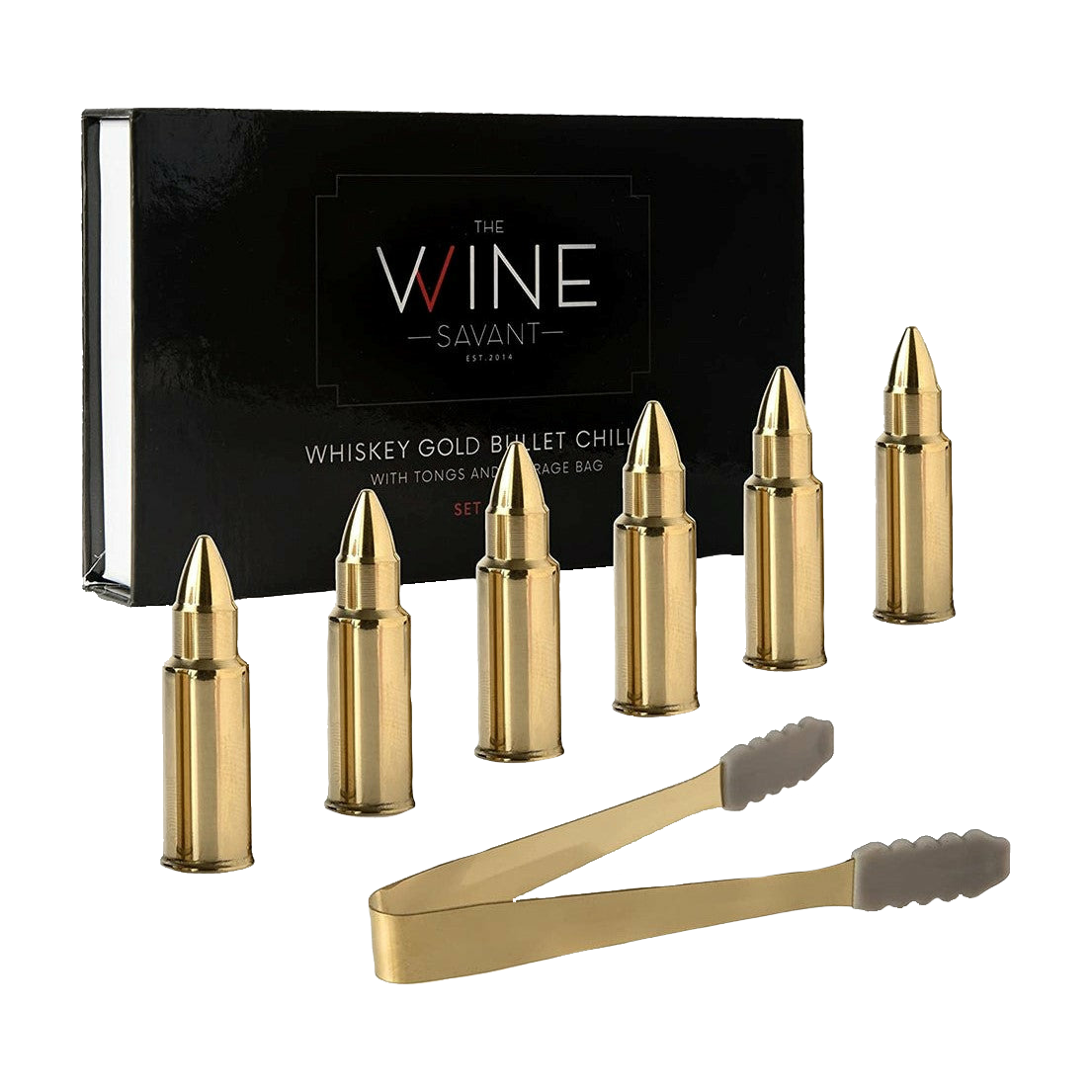 Bullet Whiskey Chillers Stones - 1.75in Whiskey Rocks by The Wine Savant Set of 6 - Stainless Steel Bullet Shaped Ice Cubes, Gift Box Come, Tongs and Storage Bag, Whiskey or Scotch Rocks (Gold)-0