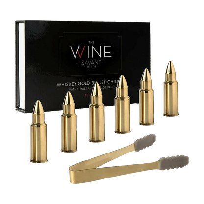 Bullet Whiskey Chillers Stones - 1.75in Whiskey Rocks by The Wine Savant Set of 6 - Stainless Steel Bullet Shaped Ice Cubes, Gift Box Come, Tongs and Storage Bag, Whiskey or Scotch Rocks (Gold)-0