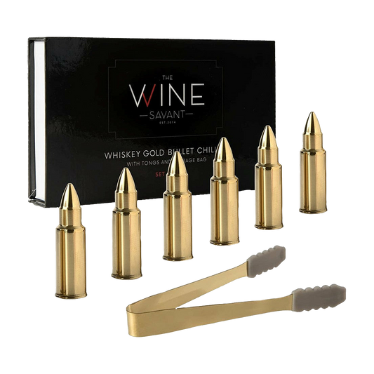 Bullet Whiskey Chillers Stones - 1.75in Whiskey Rocks by The Wine Savant Set of 6 - Stainless Steel Bullet Shaped Ice Cubes, Gift Box Come, Tongs and Storage Bag, Whiskey or Scotch Rocks (Gold)-0